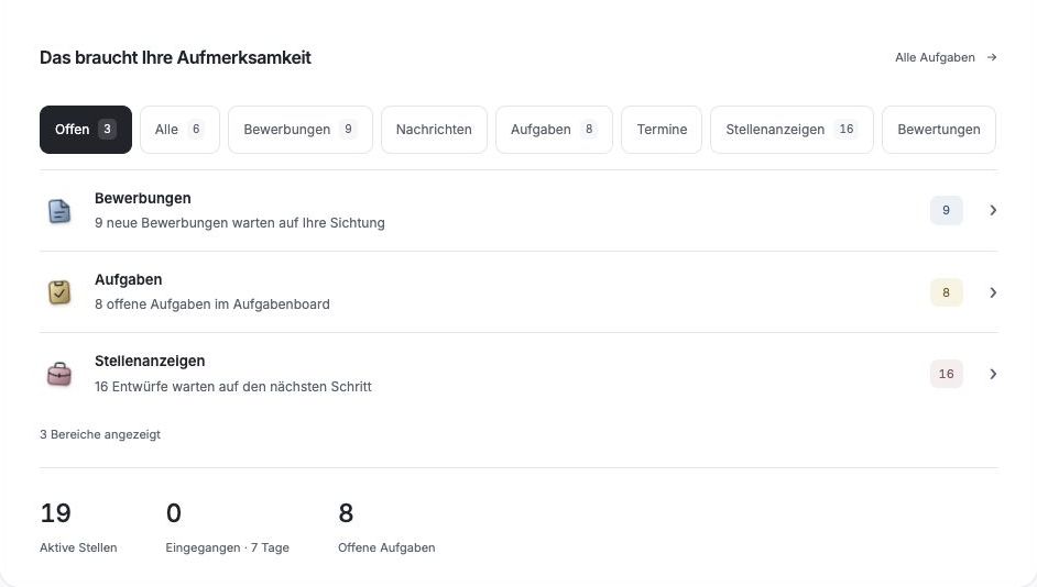Die echte Briefing-Liste in HeroJob: Bewerbungen, Aufgaben und Stellenanzeigen mit offenen Punkten und den wichtigsten Kennzahlen.