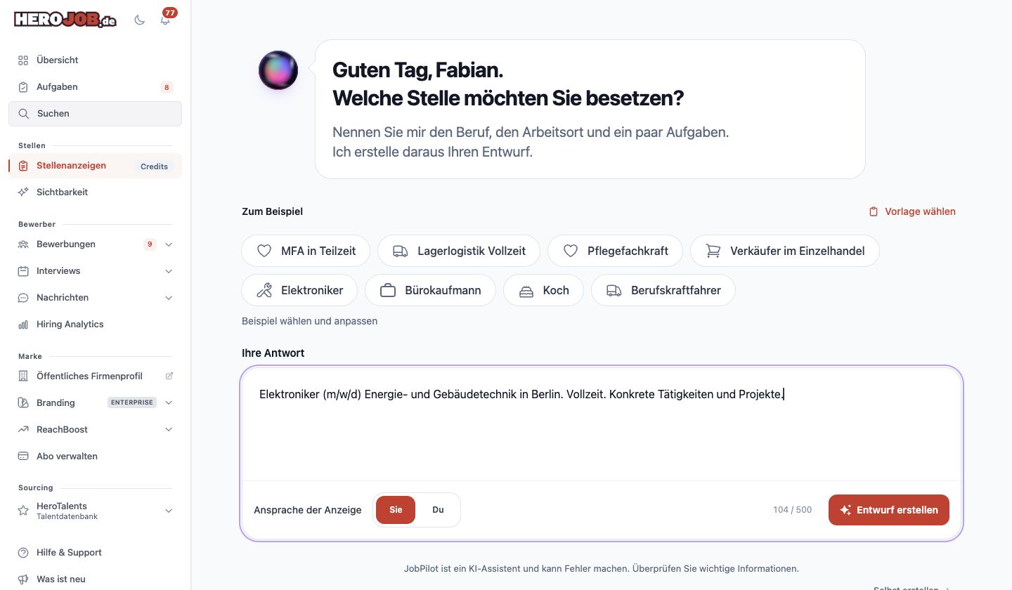 HeroJob JobPilot hilft beim Erstellen einer Stellenanzeige