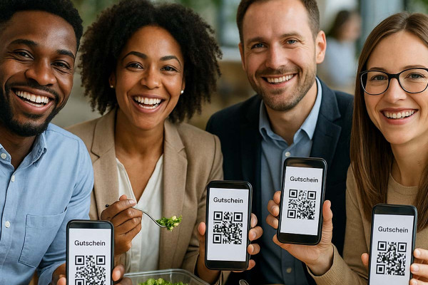 Ein diverses Team aus vier fröhlichen Büroangestellten sitzt gemeinsam an einem Holztisch in einer modernen, lichtdurchfluteten Bürokantine. Alle halten ihre Smartphones hoch, auf denen gut sichtbar digitale Essensgutscheine angezeigt werden. Vor ihnen stehen verschiedene gesunde Mahlzeiten in Schüsseln und Boxen. Die Szene vermittelt ein positives, authentisches Miteinander während der Mittagspause in einem modernen Arbeitsumfeld.