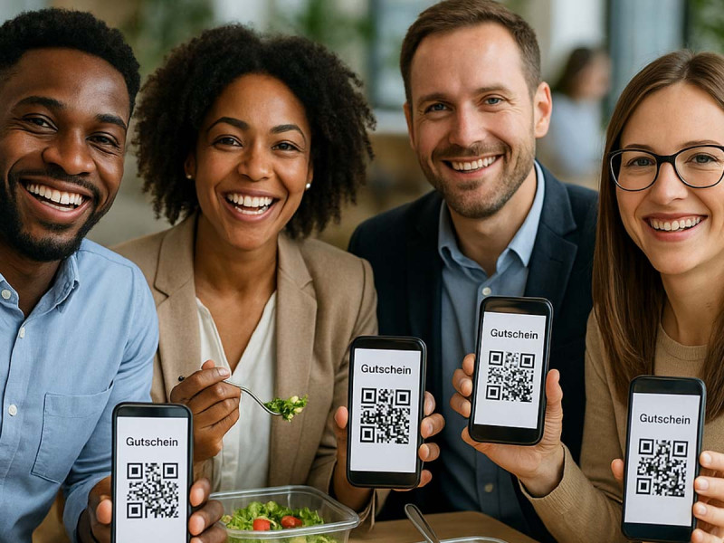 Ein diverses Team aus vier fröhlichen Büroangestellten sitzt gemeinsam an einem Holztisch in einer modernen, lichtdurchfluteten Bürokantine. Alle halten ihre Smartphones hoch, auf denen gut sichtbar digitale Essensgutscheine angezeigt werden. Vor ihnen stehen verschiedene gesunde Mahlzeiten in Schüsseln und Boxen. Die Szene vermittelt ein positives, authentisches Miteinander während der Mittagspause in einem modernen Arbeitsumfeld.