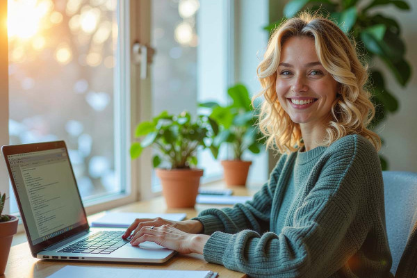 Eine deutsche Frau in den Mittvierzigern sitzt an einem modernen Schreibtisch mit einem offenen Laptop, der ein Dashboard für einen Online-Kurs zeigt. Um sie herum liegen handschriftliche Notizen zur Karriereplanung, während das helle, luftige Zimmer mit Pflanzen und natürlichem Licht von links eine einladende Atmosphäre schafft.