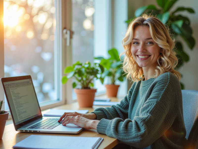 Eine deutsche Frau in den Mittvierzigern sitzt an einem modernen Schreibtisch mit einem offenen Laptop, der ein Dashboard für einen Online-Kurs zeigt. Um sie herum liegen handschriftliche Notizen zur Karriereplanung, während das helle, luftige Zimmer mit Pflanzen und natürlichem Licht von links eine einladende Atmosphäre schafft.