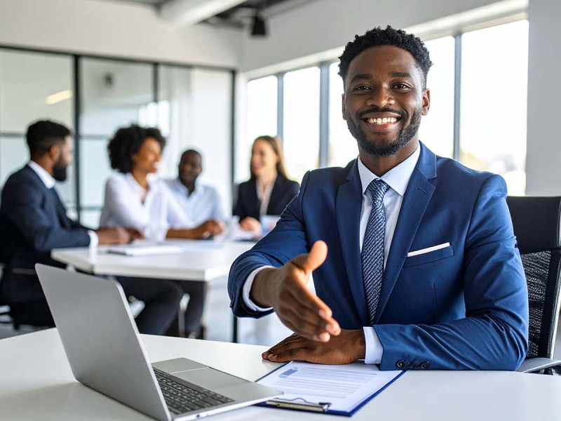 Geschäftsmann im Anzug gibt Arbeitnehmer die Hand – Symbolbild für professionellen Onboarding- und Offboarding-Prozess im Unternehmen