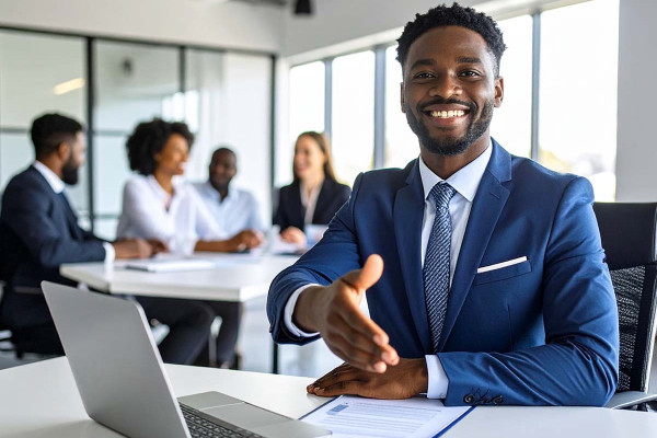Geschäftsmann im Anzug gibt Arbeitnehmer die Hand – Symbolbild für professionellen Onboarding- und Offboarding-Prozess im Unternehmen