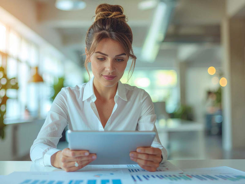 Eine professionelle Geschäftsfrau in ihren 30ern sitzt an einem modernen Schreibtisch und überprüft Finanzdokumente sowie ein digitales Tablet mit Rentendiagrammen. Der helle Home-Office-Raum ist mit Pflanzen dekoriert und strahlt durch das natürliche Tageslicht eine selbstbewusste Atmosphäre aus.