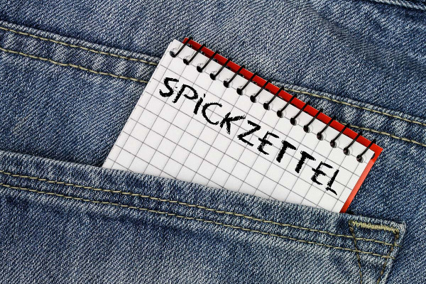 Kariertes Notizbuch mit der Aufschrift ‚Spickzettel‘ ragt aus einer Jeans-Tasche – symbolisch für Spickzettel im Vorstellungsgespräch oder bei Prüfungen