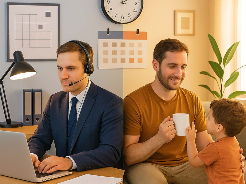 Berufstätige Person im Homeoffice zwischen Laptop und Familienleben – authentische Darstellung der fließenden Verschmelzung von Arbeit und Privatleben im modernen Berufsalltag.