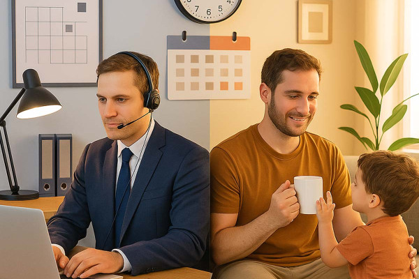 Berufstätige Person im Homeoffice zwischen Laptop und Familienleben – authentische Darstellung der fließenden Verschmelzung von Arbeit und Privatleben im modernen Berufsalltag.