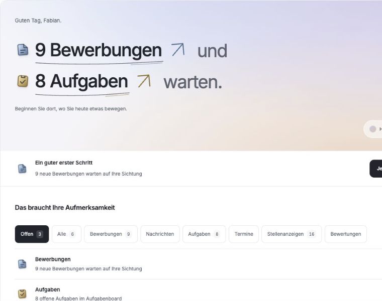 HeroJob Briefing mit neuen Bewerbungen, offenen Aufgaben und nächstem Schritt