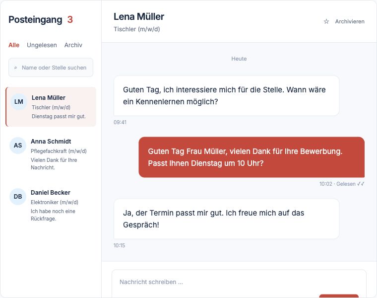 Bewerber-Chat mit Posteingang, Nachrichten und Antwortfeld