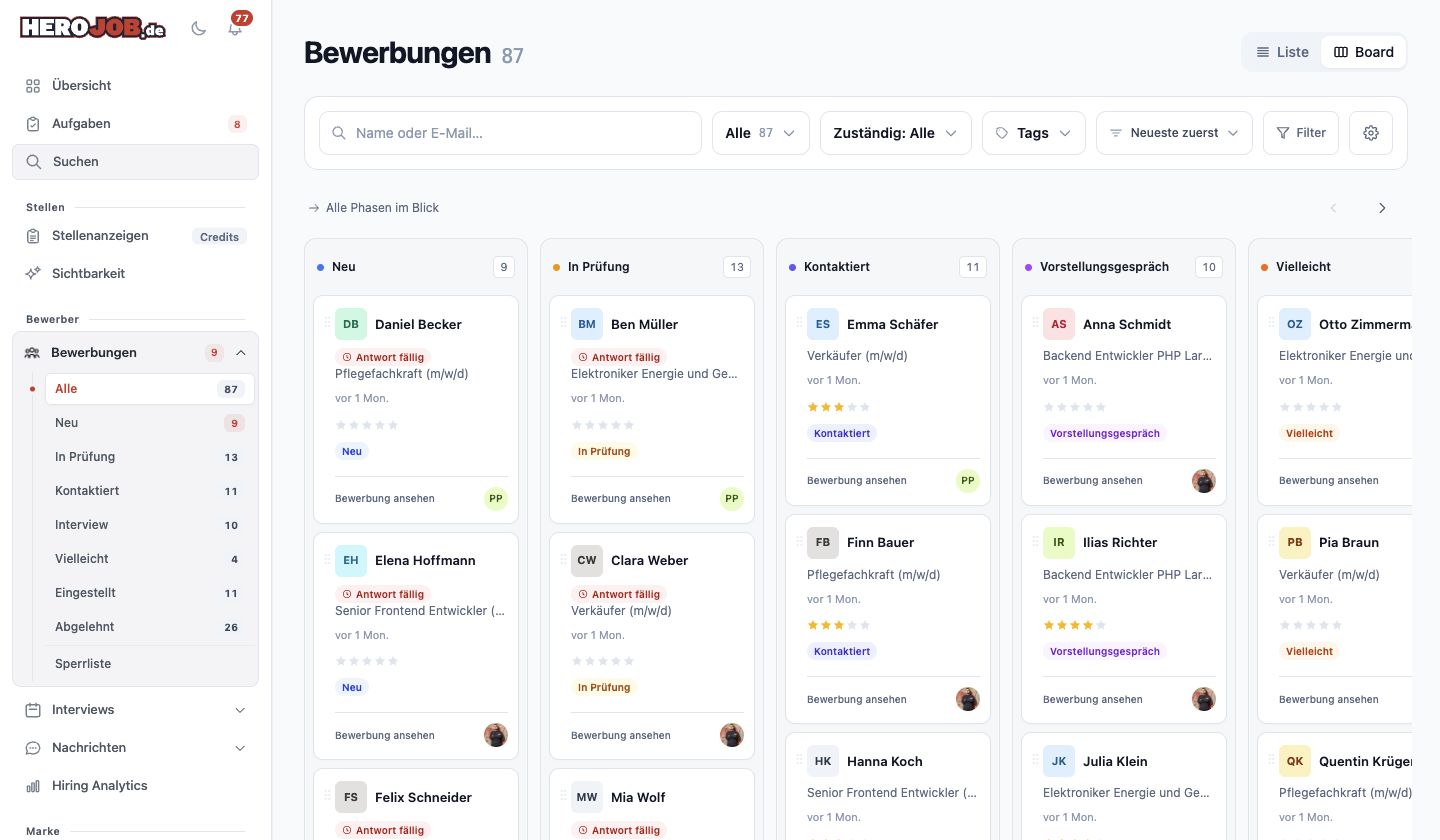 Gesamtansicht des HeroJob Bewerberboards mit Navigation, Suche, Filter und Statusspalten