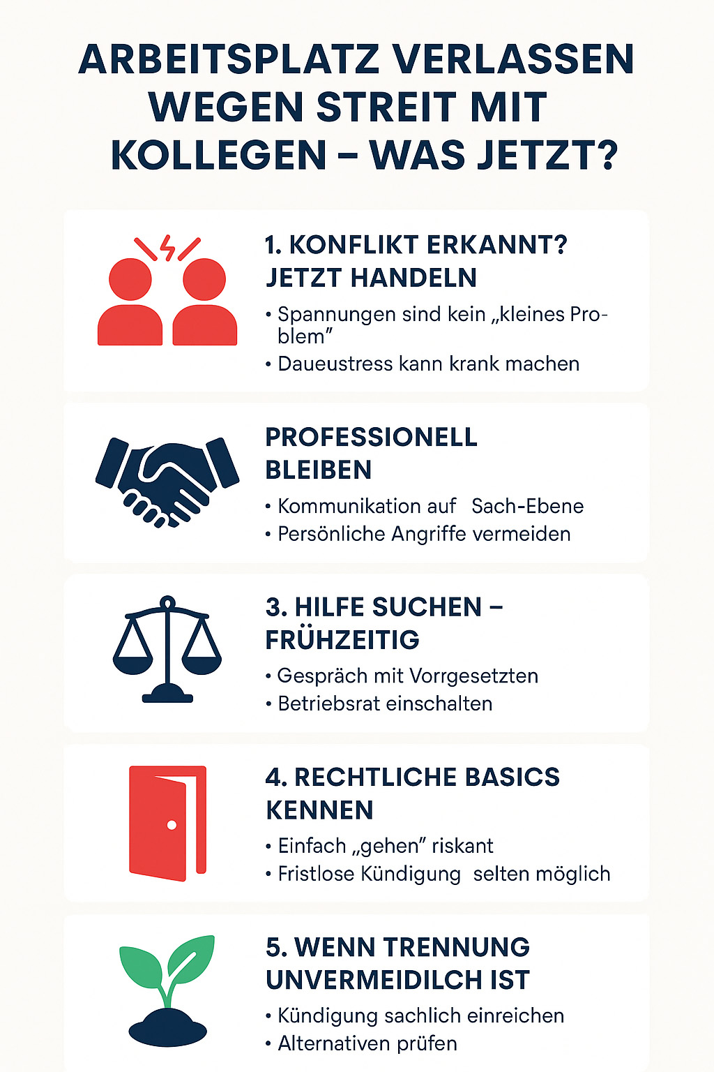Arbeitsplatz verlassen wegen Streit mit Kollegen – was jetzt? 🔥 1. Konflikt erkannt? Jetzt handeln.  Anhaltende Spannungen mit Kollegen sind kein „kleines Problem“ Streit verschlechtert die Stimmung, mindert die Produktivität Dauerstress kann krank machen 👥 2. Professionell bleiben – auch bei schwierigen Kollegen  Kommunikation auf Sach-Ebene halten Persönliche Angriffe vermeiden Belastende Vorfälle dokumentieren 🧭 3. Hilfe suchen – frühzeitig  Gespräch mit Vorgesetzten oder HR führen Betriebsrat oder externe Beratungsstelle einschalten Außenperspektive hilft bei der Einordnung ⚖️ 4. Rechtliche Basics kennen  Einfach „gehen“ kann rechtlich riskant sein (Arbeitsverweigerung = Pflichtverletzung) Fristlose Kündigung nur mit schwerwiegenden Gründen Dokumentation ist das A und O 🚪 5. Wenn Trennung unvermeidlich ist  Kündigung schriftlich, sachlich und fristgerecht einreichen Alternativen prüfen: Abteilungswechsel, interne Versetzung Arbeitszeugnis und Referenzen sichern 🌱 6. Neuanfang bewusst gestalten  Konflikte reflektieren: Was nehme ich für die Zukunft mit? Nicht schämen – sondern selbstbewusst neue Wege gehen Gesundheit und Arbeitszufriedenheit stehen an erster Stelle