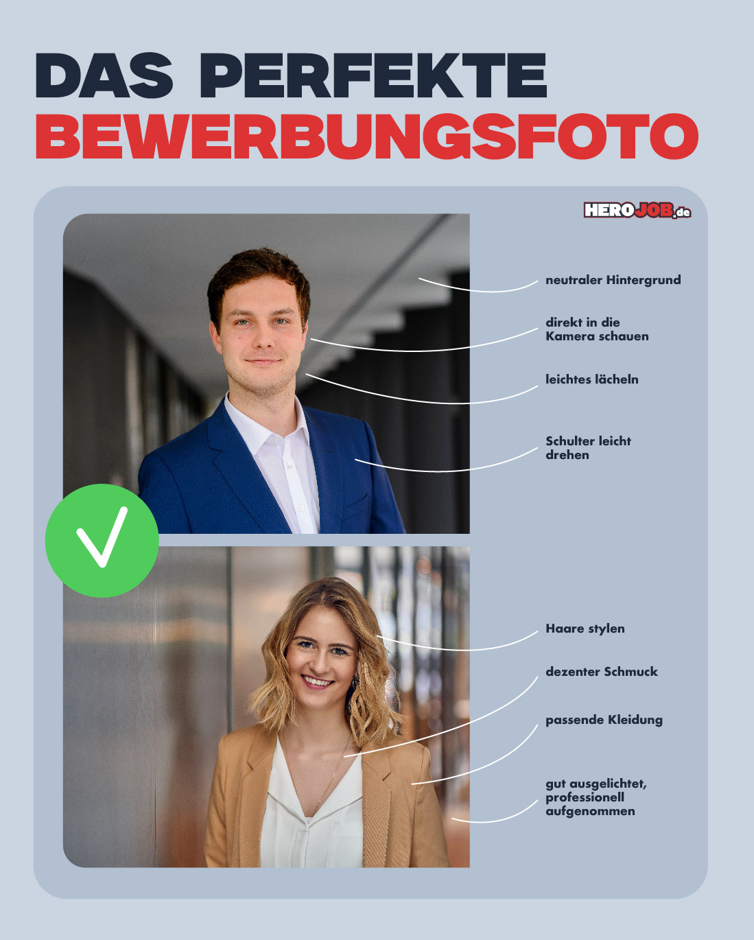 Gutes Bewerbungsfoto für Mann und Frau (Beispiel)