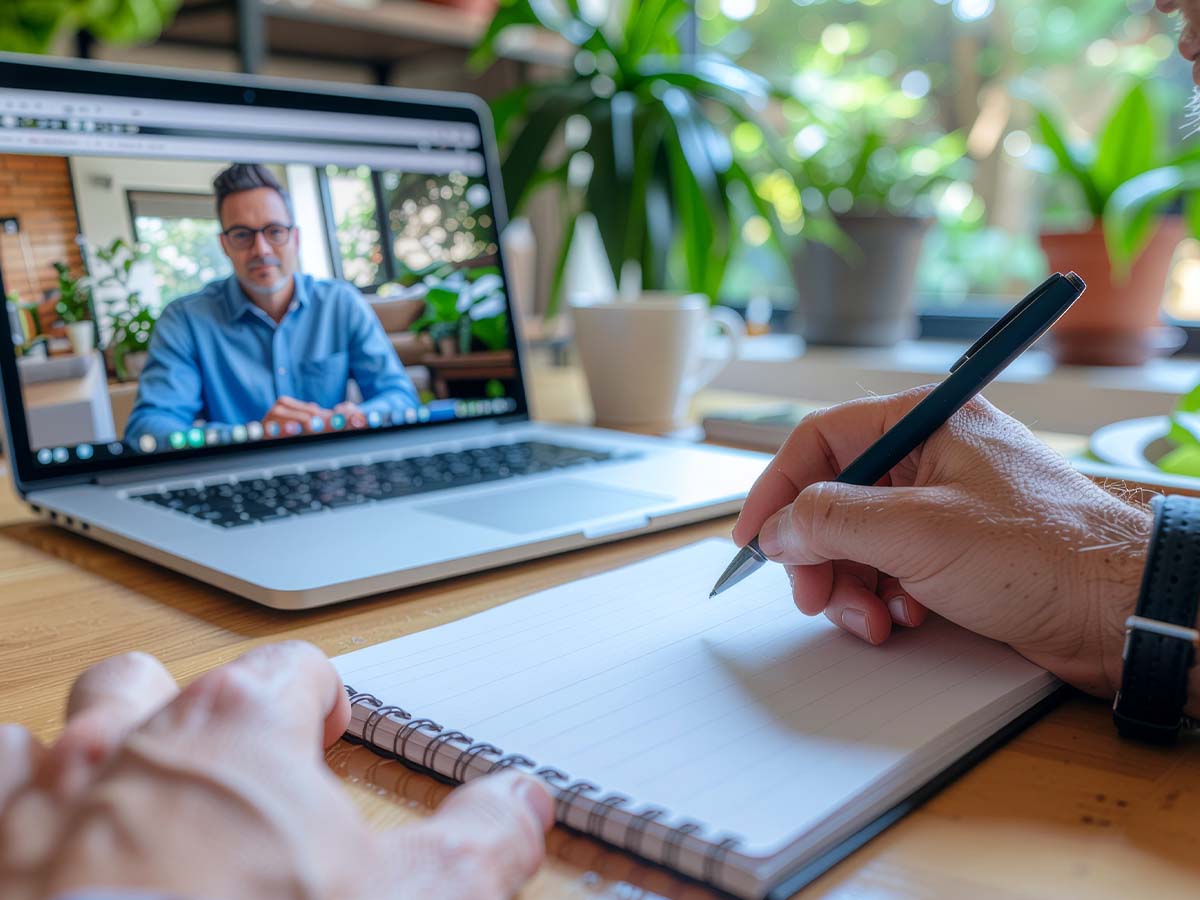 Das Bild zeigt eine Nahaufnahme von Händen, die während einer Online-Lernsitzung Notizen machen. Im Hintergrund ist ein Laptop mit einem Video-Konferenz-Training zu sehen, umgeben von Studienmaterialien und Zertifikaten auf einem Holztisch, sowie einer Kaffeetasse, die eine konzentrierte Lernatmosphäre bei natürlichem Tageslicht vermittelt.