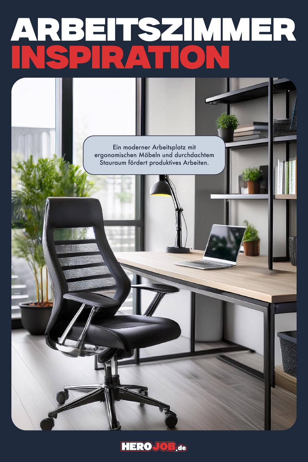 Modern eingerichtetes Arbeitszimmer mit ergonomischen Möbeln und organisiertem Stauraum.