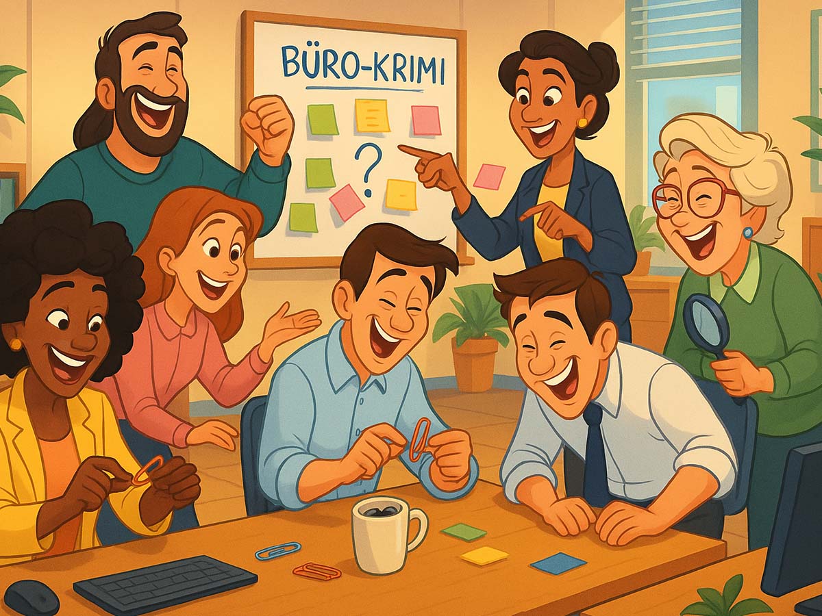 Ein Team, das an einem Tisch sitzt und kreative Teamspiele spielt.