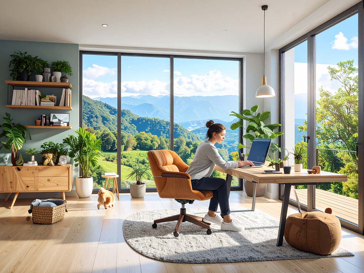 Person arbeitet an einem modernen Homeoffice-Arbeitsplatz mit Laptop, umgeben von privaten Gegenständen wie Pflanzen, Familienfotos und einem Haustier. Im Hintergrund ein großes Fenster mit Blick auf eine schöne Umgebung. Die Szene symbolisiert die fließende Verschmelzung von Arbeit und Privatleben.